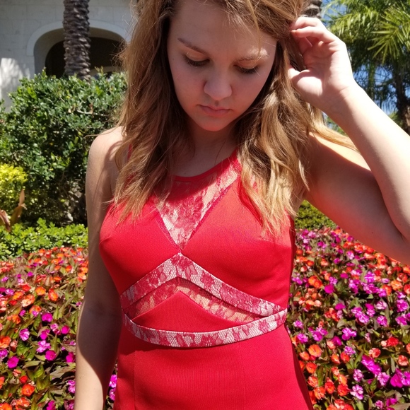 Red Tan Lace Skater Dress with Lace Back - Picture 3 of 7